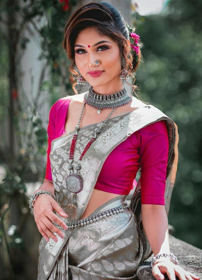 Grey kanchipuram silk silver jacquard work saree