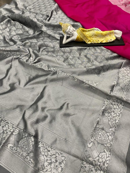 Grey kanchipuram silk silver jacquard work saree