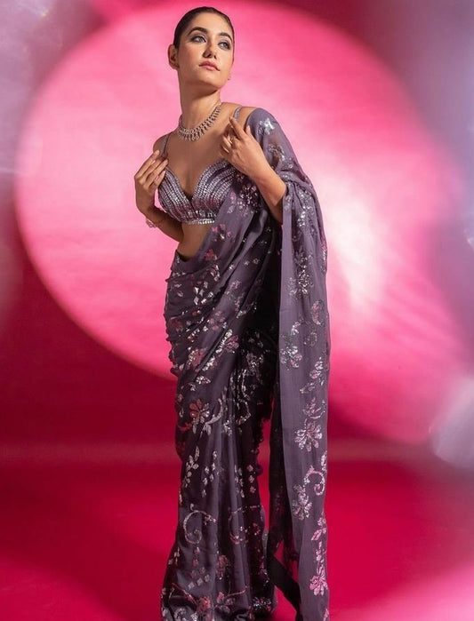 Grey kasturi silk heavy embroidery work party wear saree