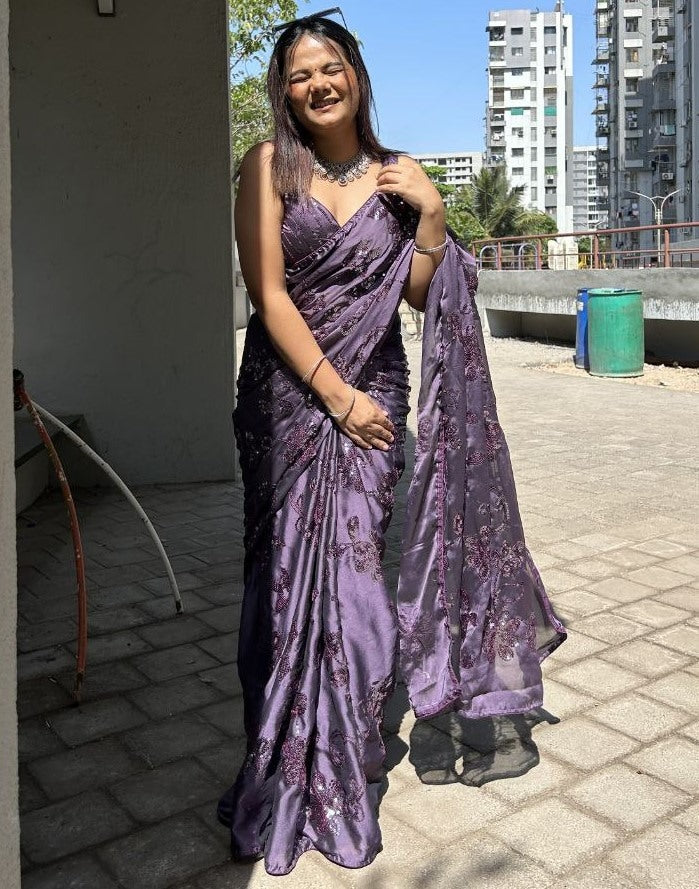 Grey kasturi silk heavy embroidery work party wear saree