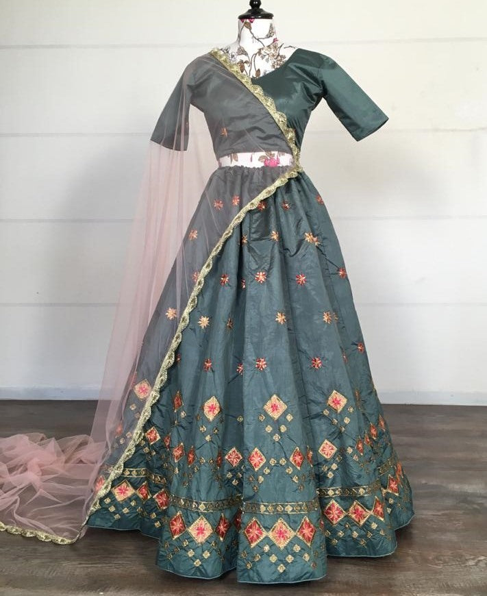 Grey kitkat silk embroidered stone work lehenga choli
