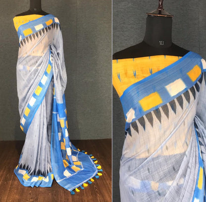Grey linen digital print with cotton tussles work saree