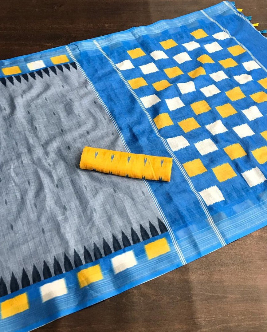 Grey linen digital print with cotton tussles work saree