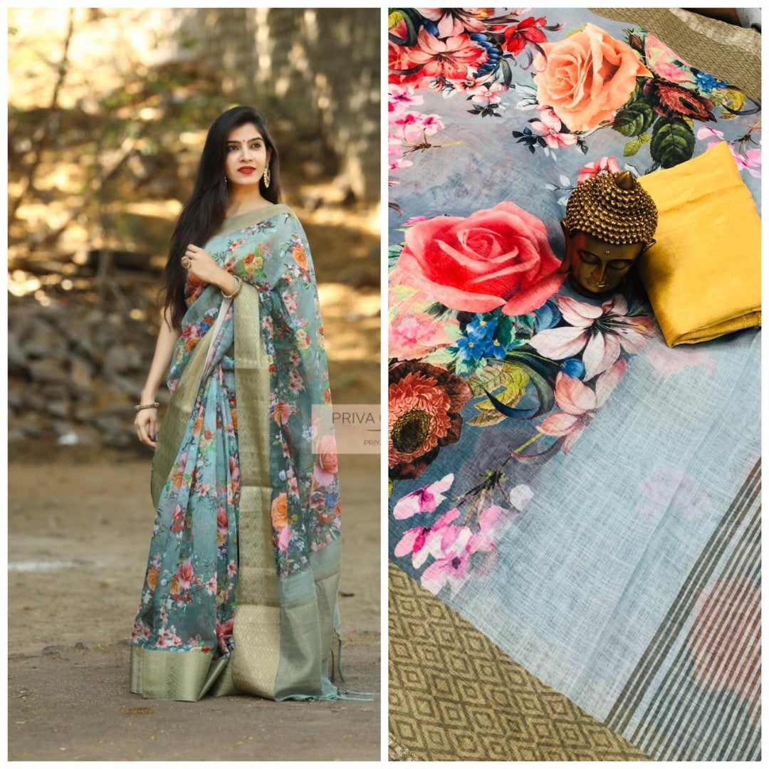 Grey linen digital printed saree