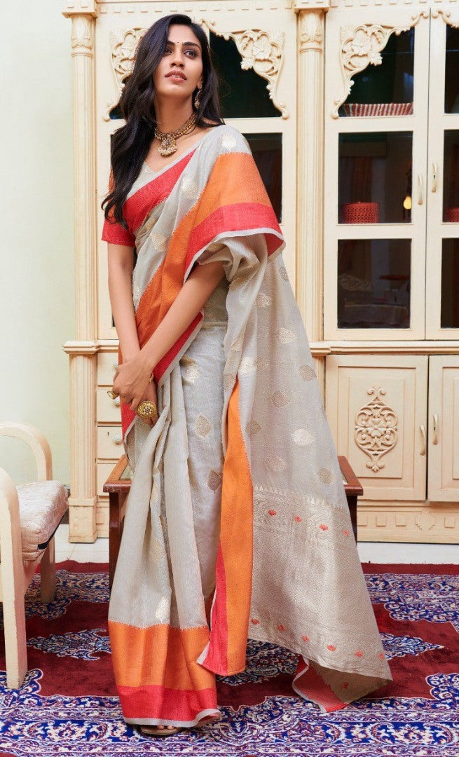 Grey linen silk orange border casual saree