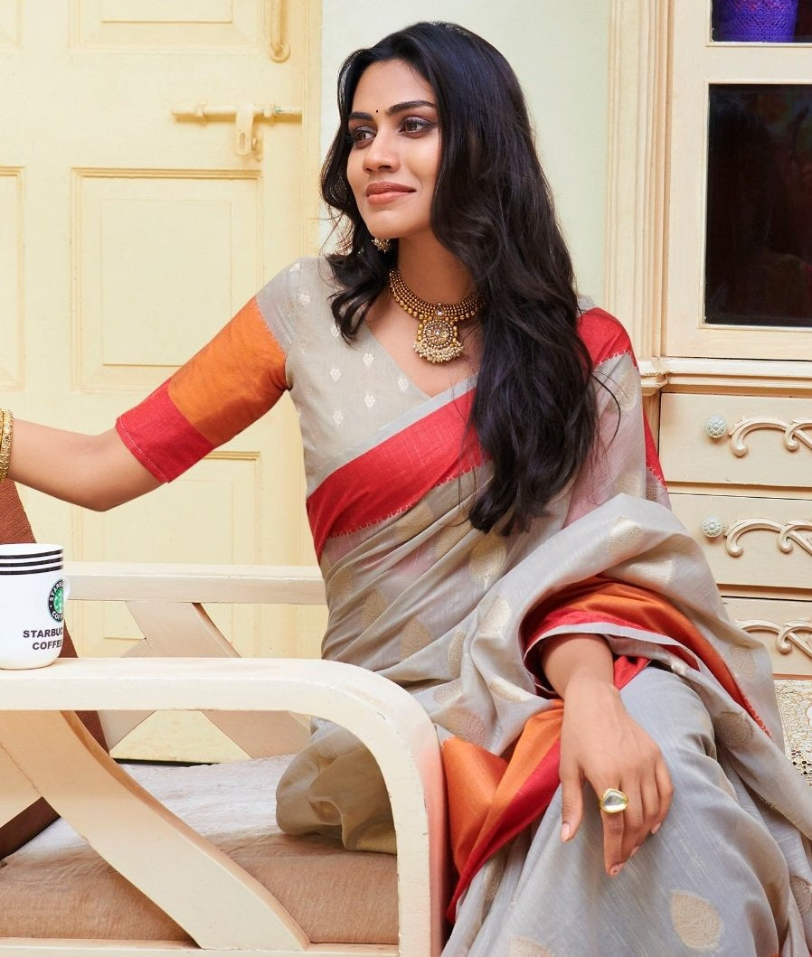 Grey linen silk orange border casual saree