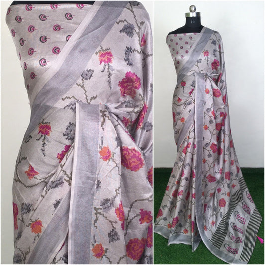 Grey linen silk printed saree