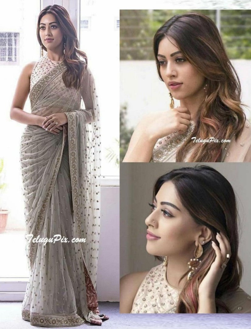Grey mono net embroidered ceremonial designer saree