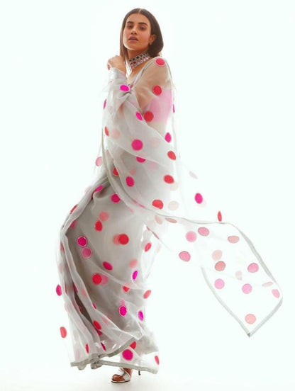 Grey moss organza digital printed stone work saree