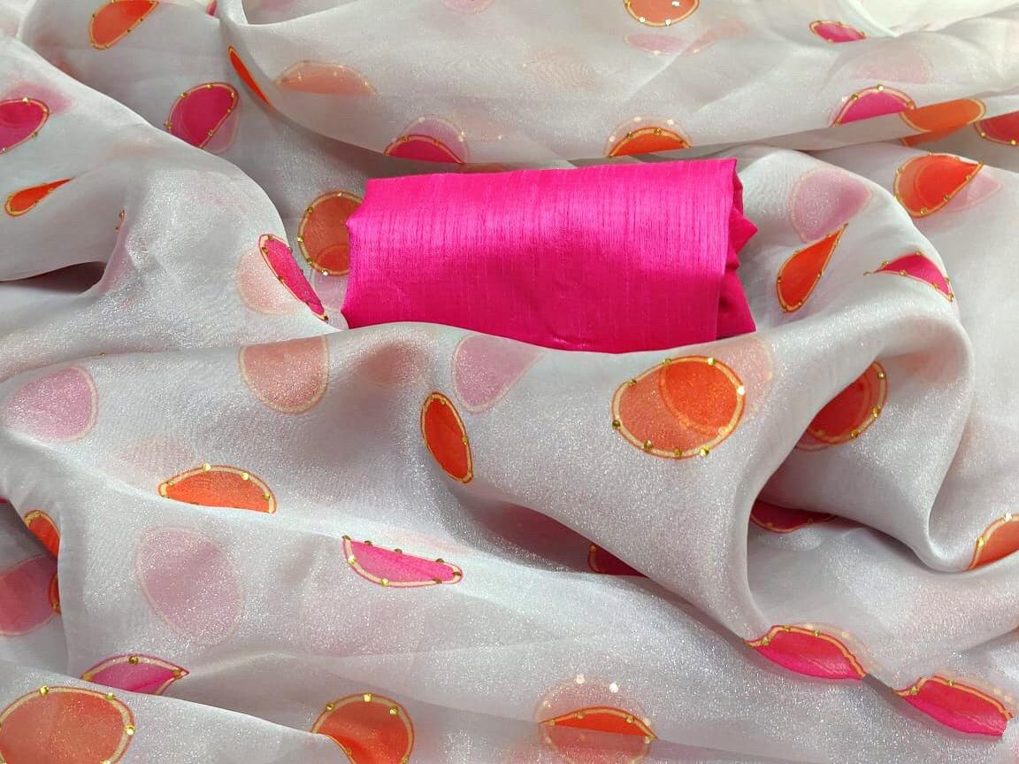 Grey moss organza digital printed stone work saree