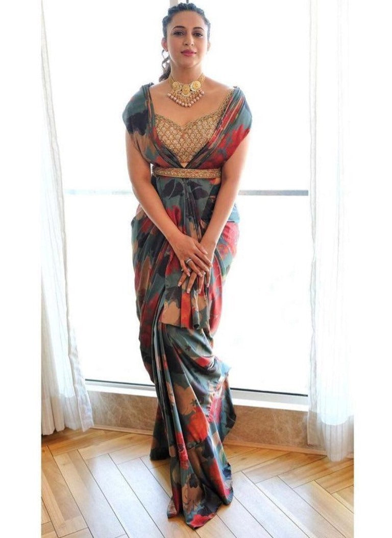 Grey multicolor digital printed saree