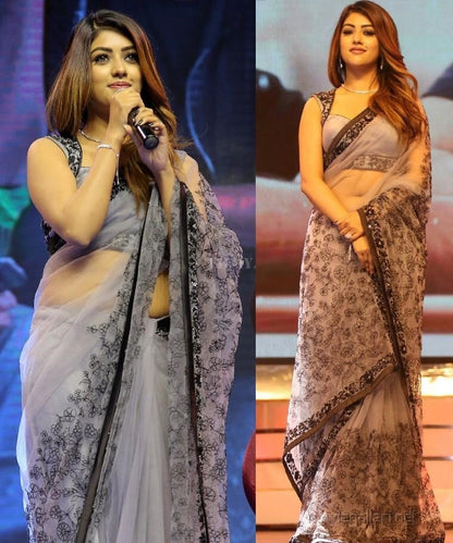 Grey net designer embroidered ceremonial saree