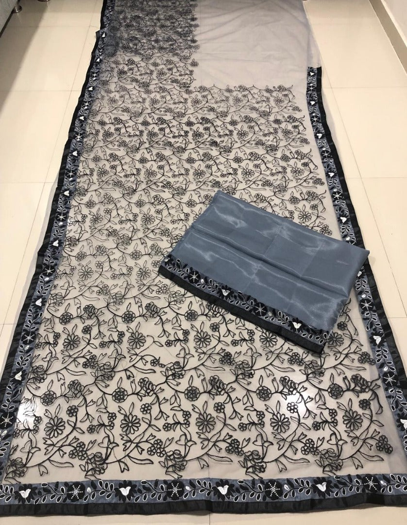 Grey net designer embroidered ceremonial saree