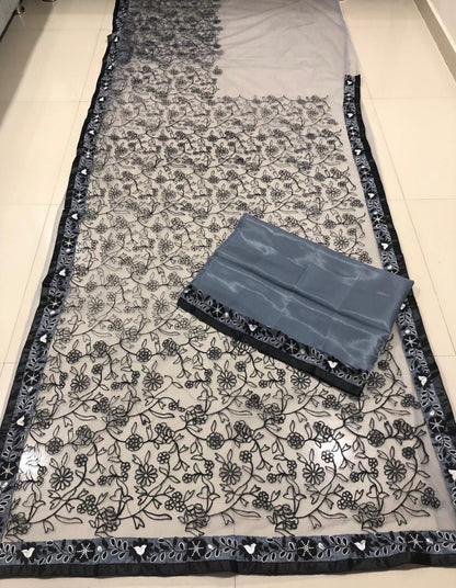 Grey net designer embroidered ceremonial saree
