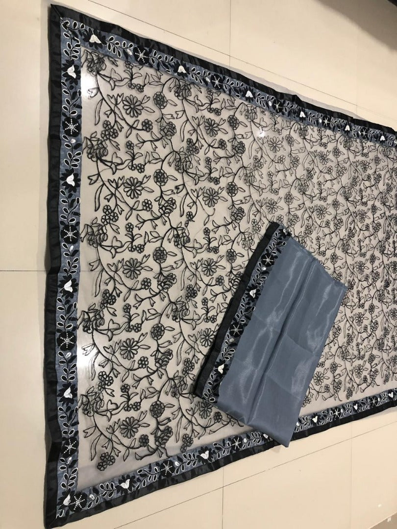 Grey net designer embroidered ceremonial saree