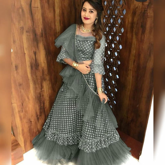 Grey net embroidered ruffle lehenga choli