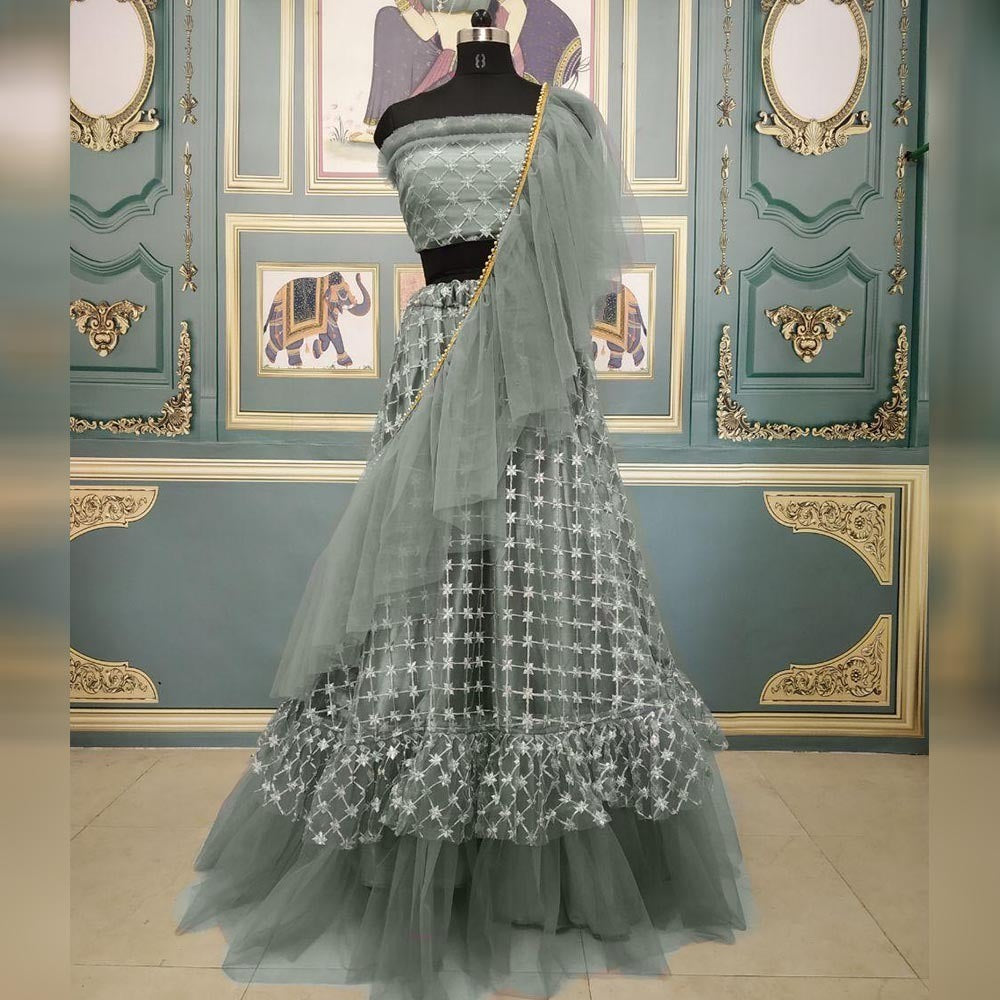 Grey net embroidered ruffle lehenga choli