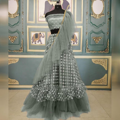 Grey net embroidered ruffle lehenga choli