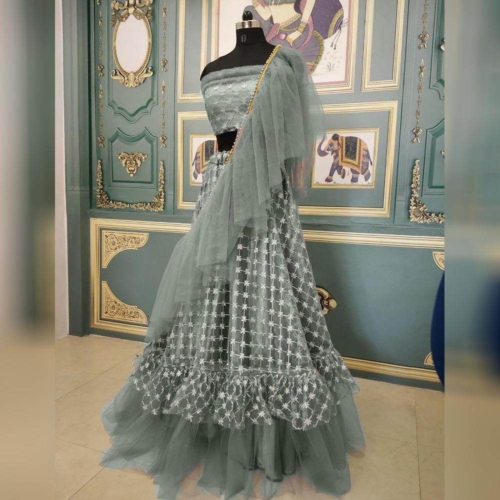 Grey net embroidered ruffle lehenga choli