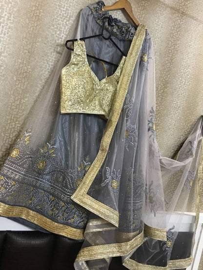 grey net embroidered wedding lehenga
