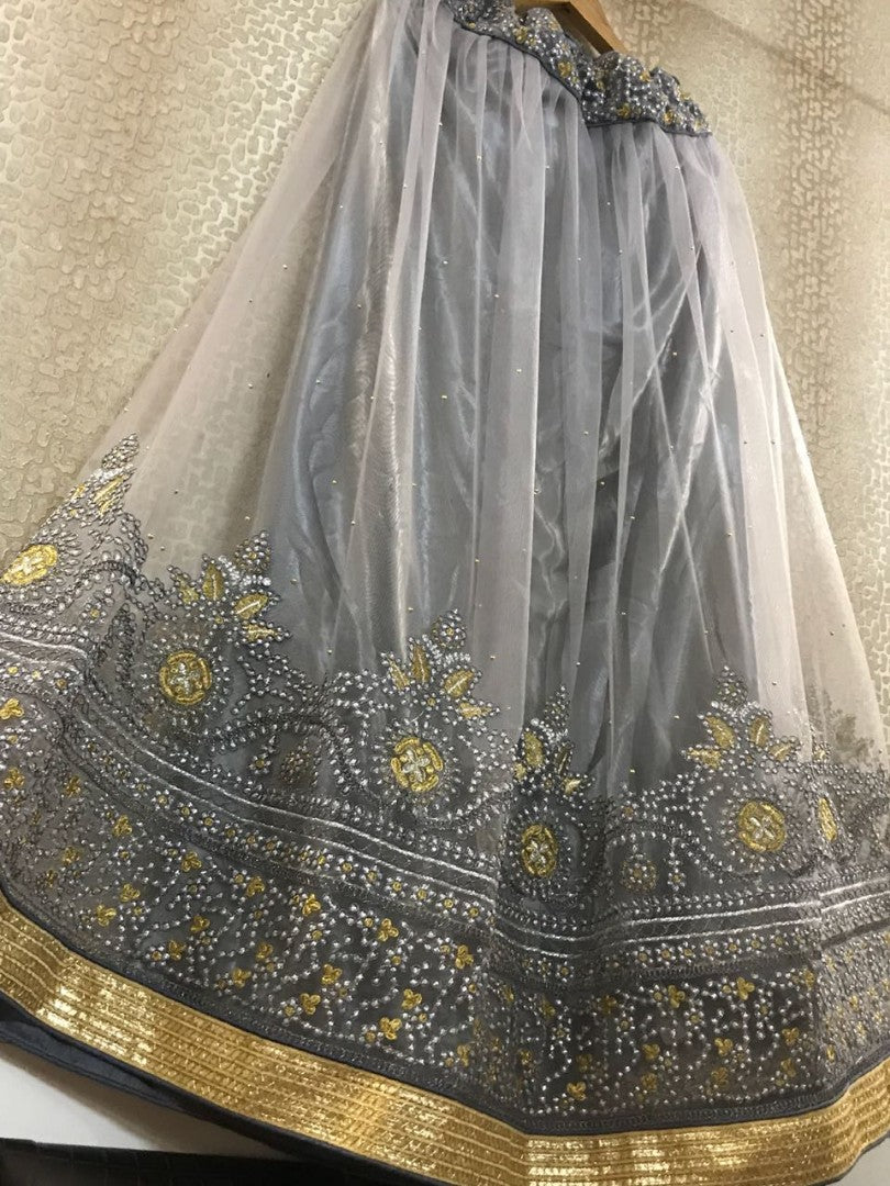 grey net embroidered wedding lehenga
