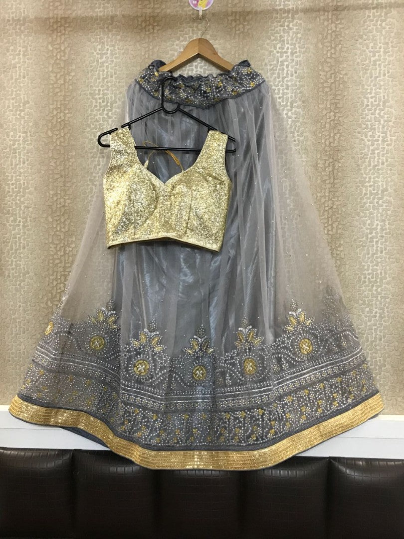 grey net embroidered wedding lehenga