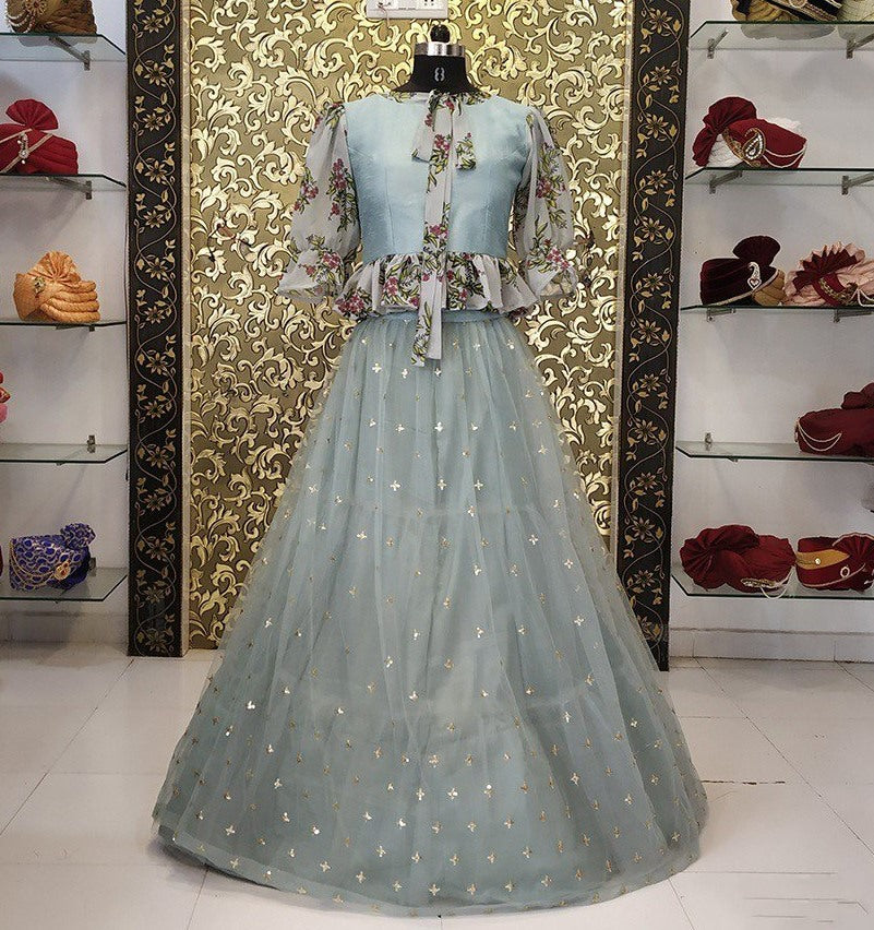Grey net embroidery zari and sequence work crop top lehenga with ruffle top