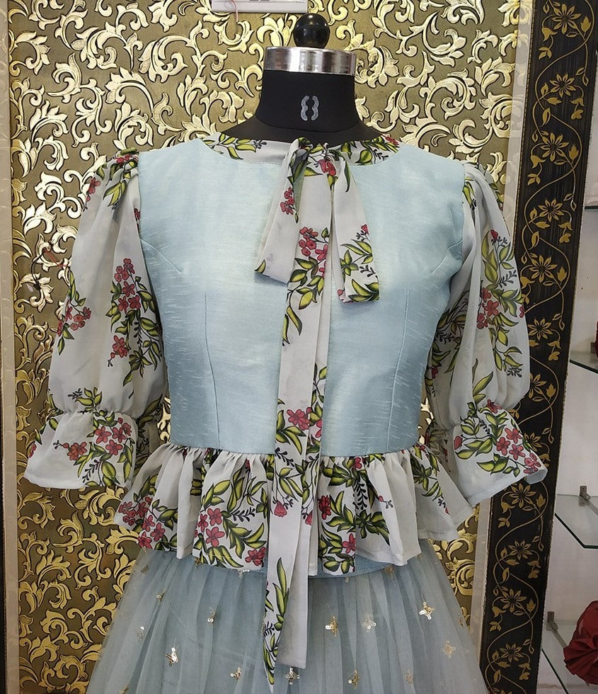 Grey net embroidery zari and sequence work crop top lehenga with ruffle top