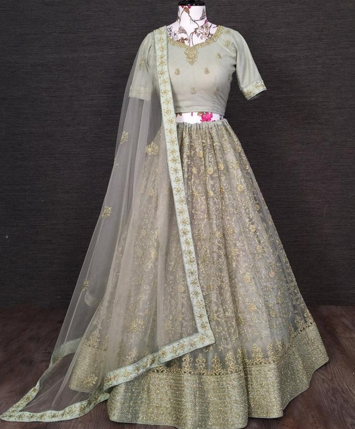 Grey net glitter zari embroidered border work lehenga choli