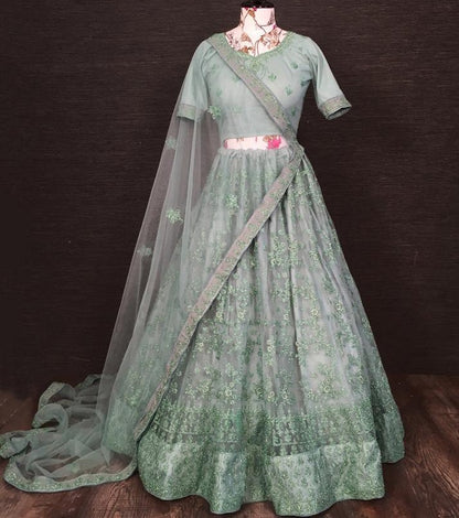 Grey net glitter zari embroidered border work lehenga choli