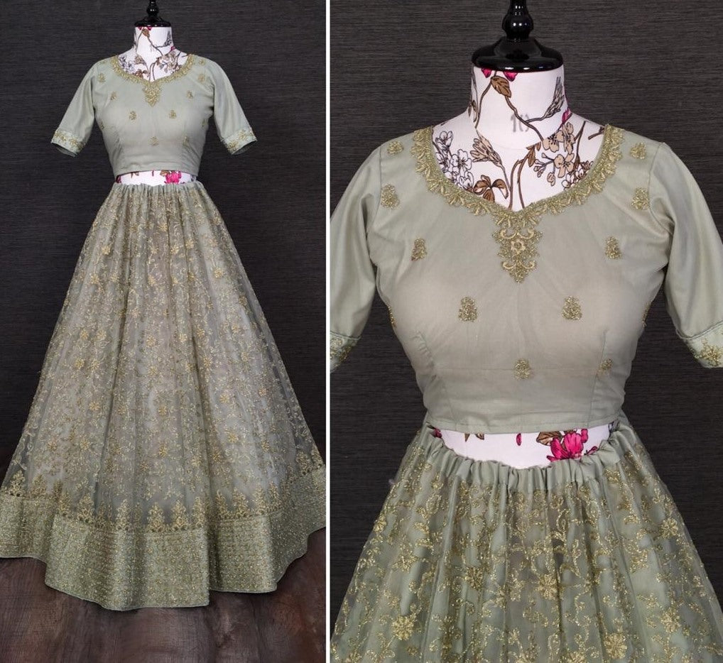 Grey net glitter zari embroidered border work lehenga choli