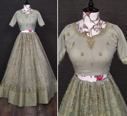 Grey net glitter zari embroidered border work lehenga choli