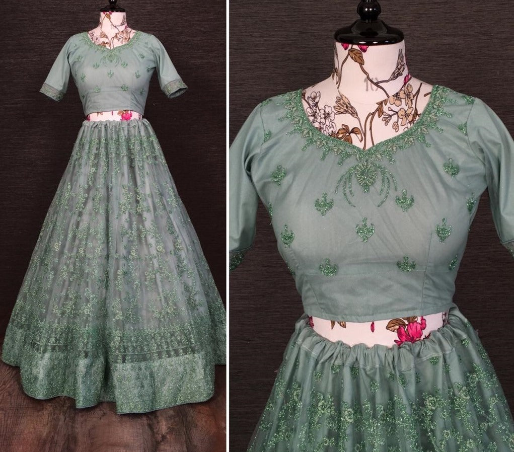 Grey net glitter zari embroidered border work lehenga choli