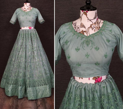 Grey net glitter zari embroidered border work lehenga choli