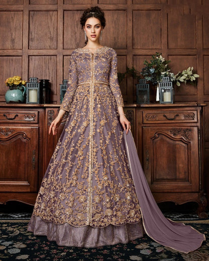 Grey net heavy embroidery worked wedding gown