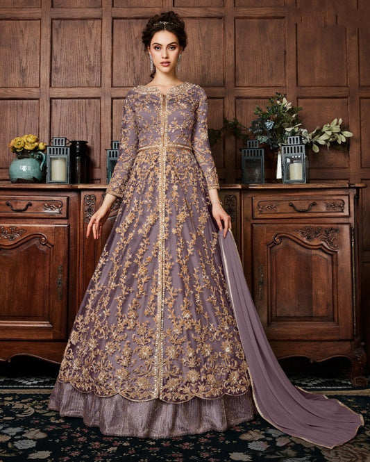 Grey net heavy embroidery worked wedding gown