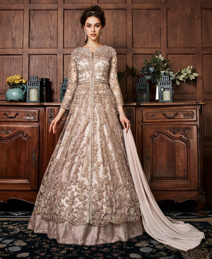 Grey net heavy embroidery worked wedding gown