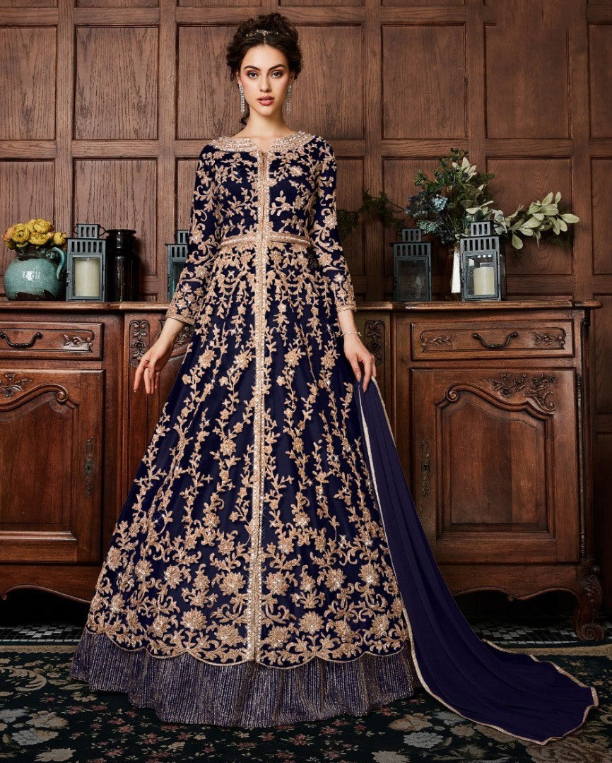 Grey net heavy embroidery worked wedding gown