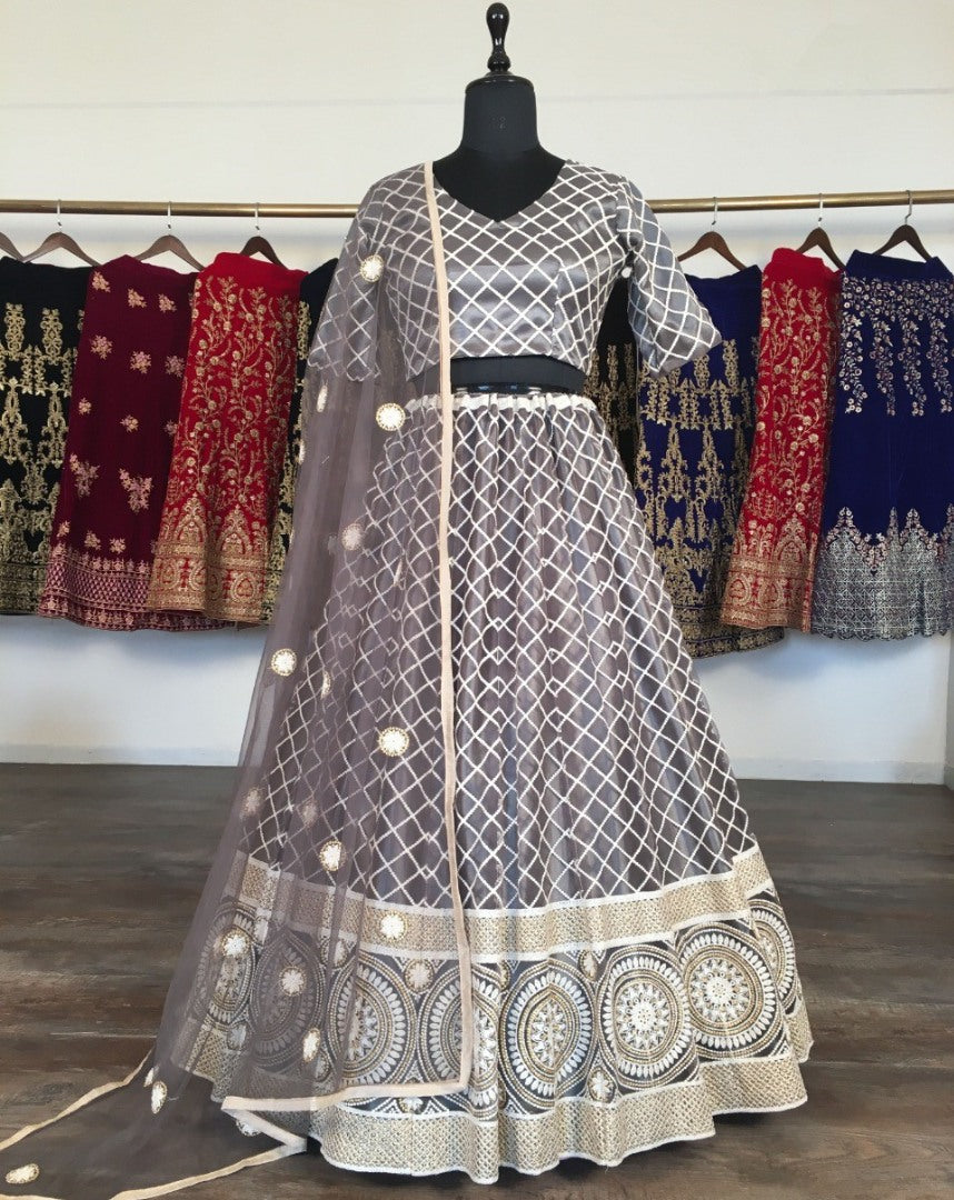 Grey net heavy lucknowi work wedding lehenga choli