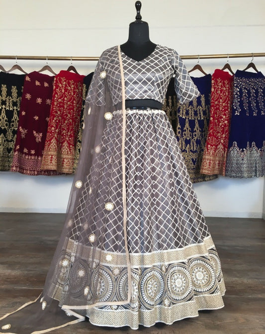 Grey net heavy lucknowi work wedding lehenga choli