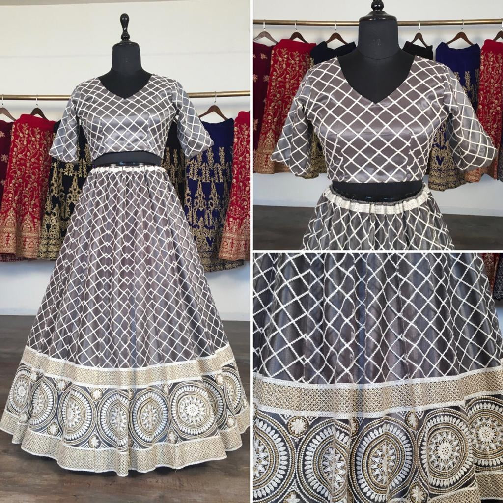Grey net heavy lucknowi work wedding lehenga choli
