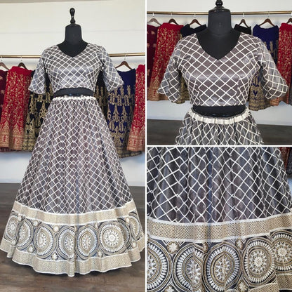 Grey net heavy lucknowi work wedding lehenga choli