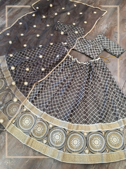 Grey net heavy lucknowi work wedding lehenga choli