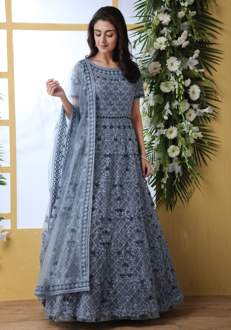 Grey net heavy thread embroidered wedding long anarkali gown