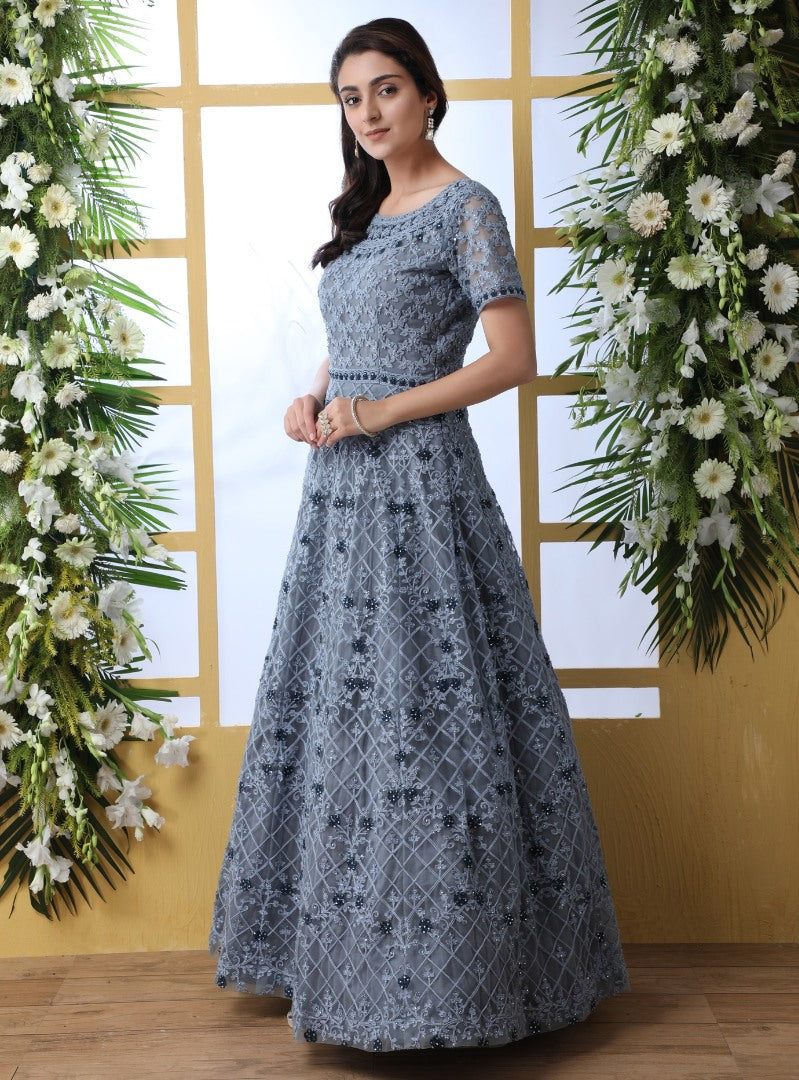 Grey net heavy thread embroidered wedding long anarkali gown