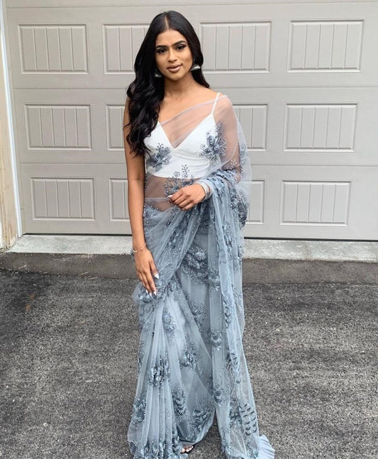 Grey net moti and embroidery work saree