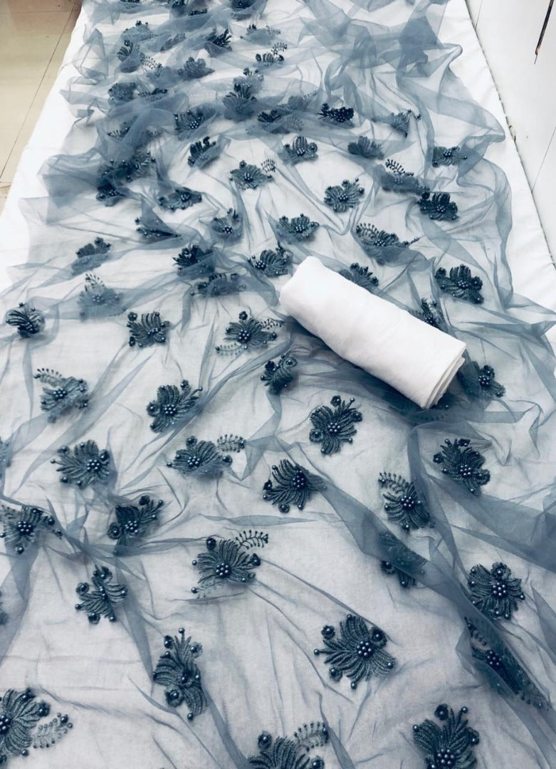 Grey net moti and embroidery work saree