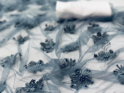 Grey net moti and embroidery work saree