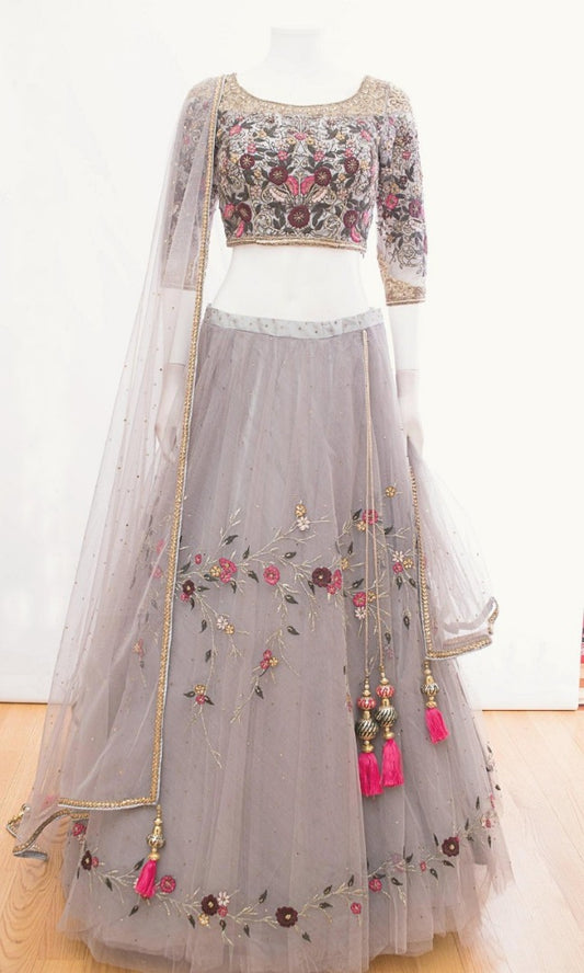 Grey net multi embroidered designer ceremonial lehenga choli