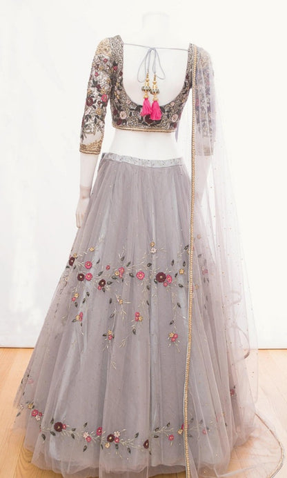 Grey net multi embroidered designer ceremonial lehenga choli
